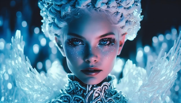 Een vrouw met sneeuw op haar hoofd en een blauwe achtergrond