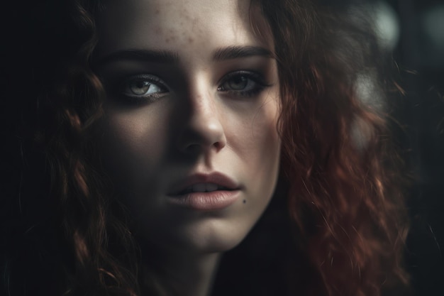 Een vrouw met sproeten en rood haar kijkt in de camera.