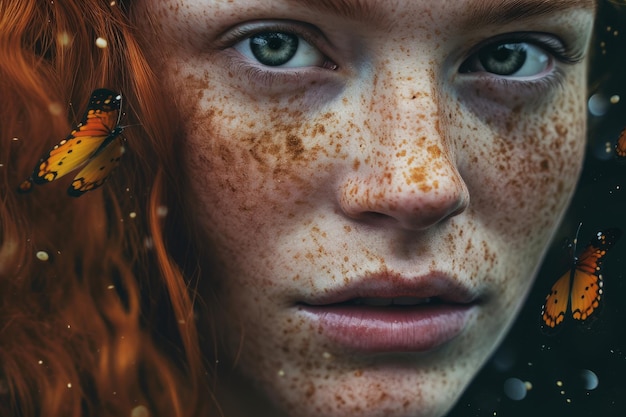 Een vrouw met sproeten en sproeten kijkt in de camera.