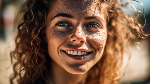 Een vrouw met sproeten lacht naar de camera.