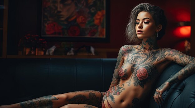 een vrouw met tatoeages op haar lichaam zit op een bank