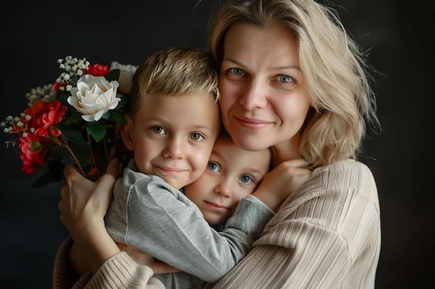 een vrouw met twee jongens die elkaar knuffelen en een roos in haar armen