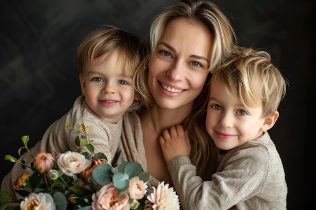 een vrouw met twee kinderen die poseert met een boeket bloemen