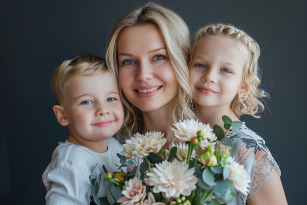 een vrouw met twee kinderen die poseert met een boeket bloemen