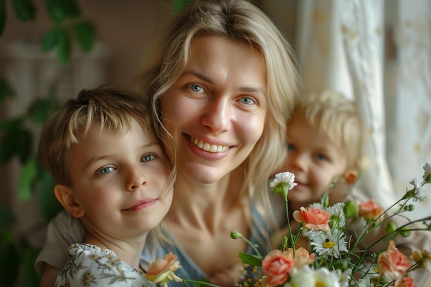 een vrouw met twee kinderen die poseert voor een foto met een boeket bloemen