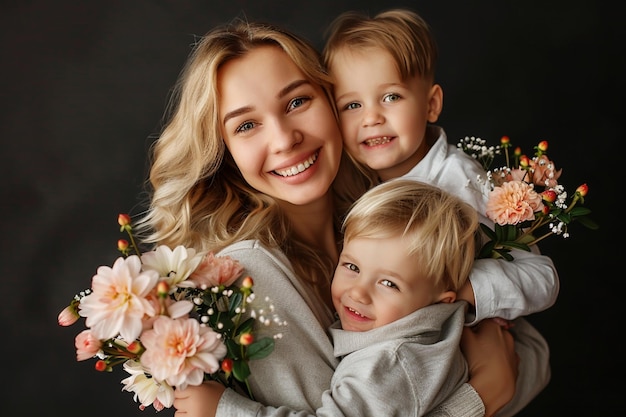 een vrouw met twee kinderen en een boeket bloemen
