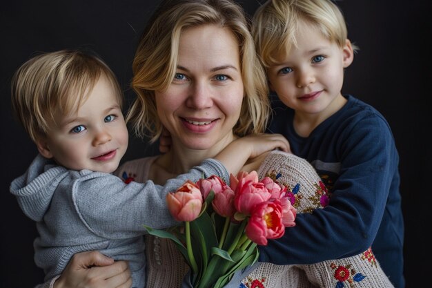 een vrouw met twee kinderen en een bos tulpen