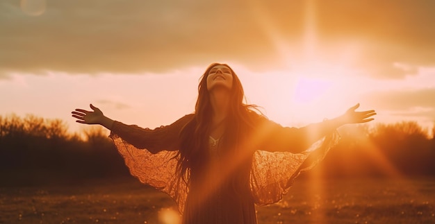 Een vrouw met uitgestrekte armen in een veld waar de zon schijnt