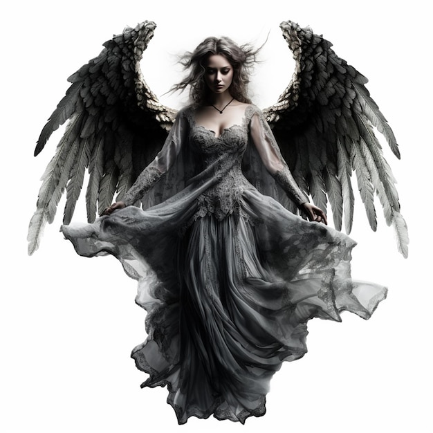 Een vrouw met vleugels en een lange jurk met het woord engel erop.