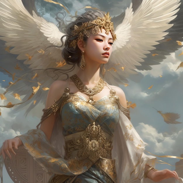 Een vrouw met vleugels waarop 'engel' staat