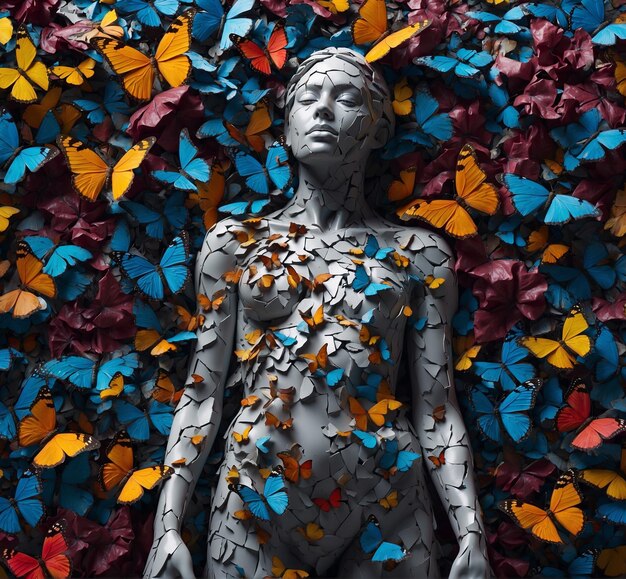 een vrouw met vlinders rond haar gezicht en een standbeeld van vlinders