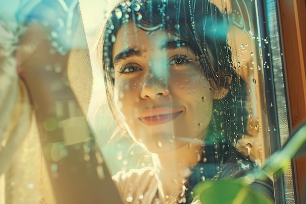 Foto een vrouw met water op haar gezicht staat bij het raam geschikt voor schoonheid en huidverzorging concepten