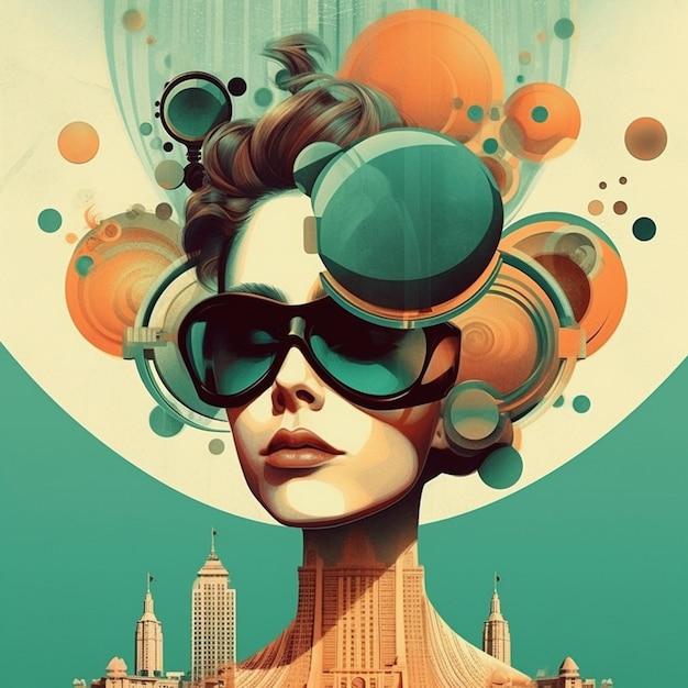 Een vrouw met zonnebril en een stad op de achtergrond