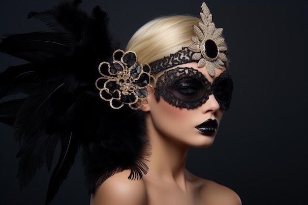 Een vrouw met zwarte make-up en een zwart masker met veren en een gevederde hoed.