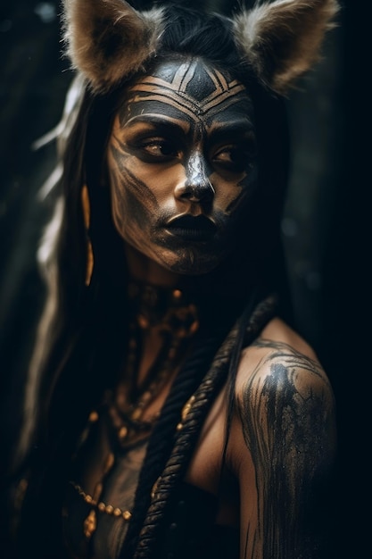 Een vrouw met zwarte schmink en een tatoeage op haar gezicht