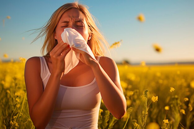 Foto een vrouw nies met een zakdoek in haar handen allergie voor bloemen