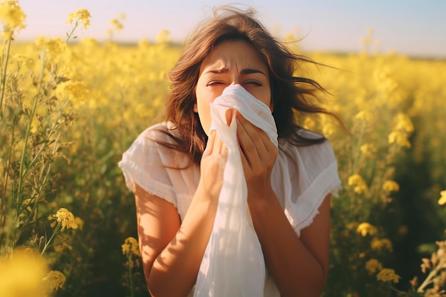 Foto een vrouw nies met een zakdoek in haar handen allergie voor bloemen