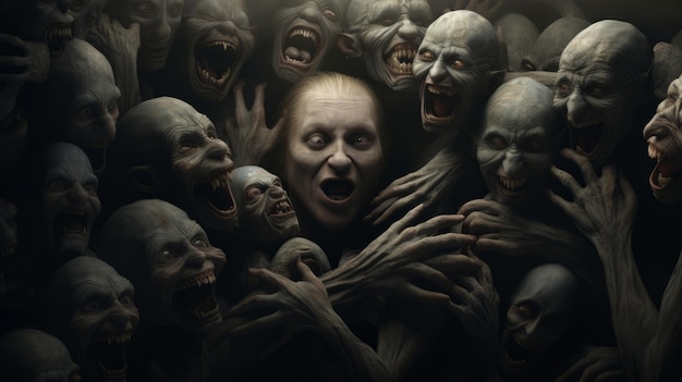 Foto een vrouw omringd door veel angstaanjagende monsters.
