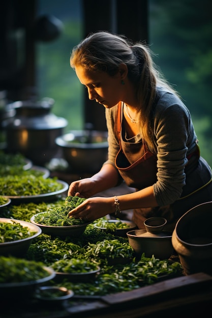 Een vrouw oogst theebladeren op een theeplantage