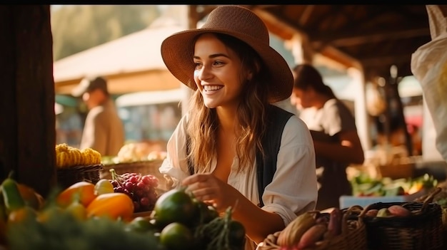 Een vrouw op de markt kiest groenten en fruit selectieve focus voedsel