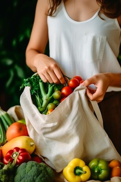 Een vrouw op de markt kiest groenten en fruit selectieve focus voedsel