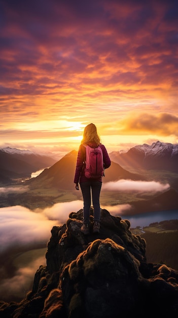 een vrouw op de top van een bergtop met uitzicht op wolken en zonsopgang