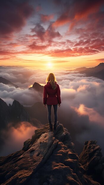 Foto een vrouw op de top van een bergtop met uitzicht op wolken en zonsopgang