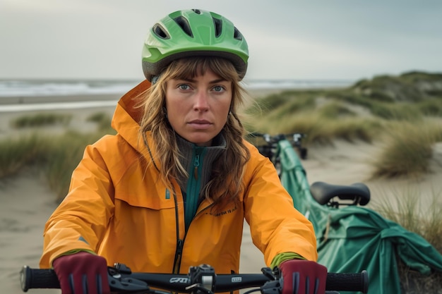 Een vrouw op een fiets op een strand Generatief AI-beeld