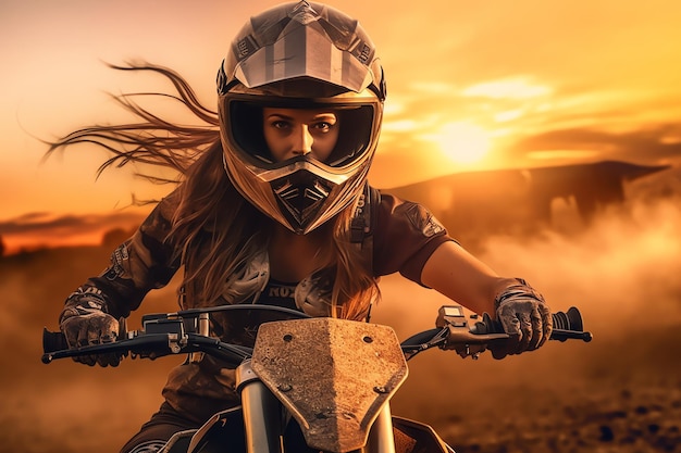 Een vrouw op een motorfiets met de ondergaande zon achter haar.