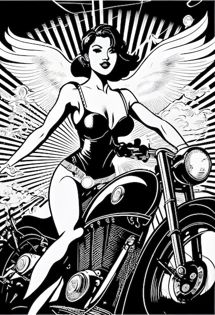 een vrouw op een motorfiets met een engel op de rug.