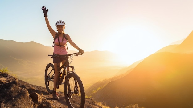 Een vrouw op een mountainbike met haar hand in de lucht