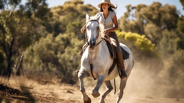 Een vrouw op een paard met een cowboyhoed op.