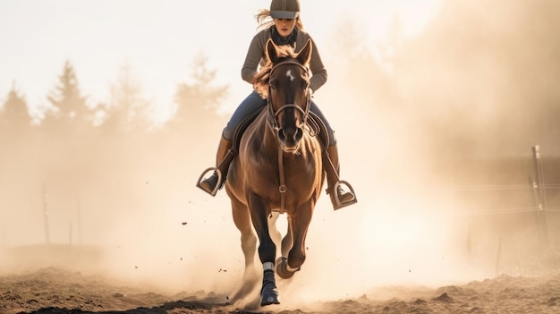 een vrouw op een paard met het nummer 1 op haar shirt.