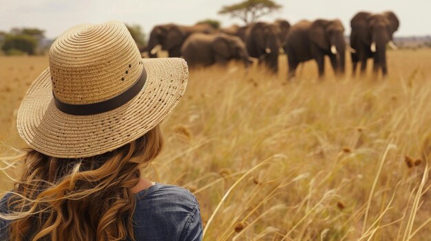 Een vrouw op een safari met een strohoed.