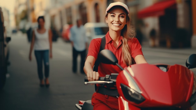 een vrouw op een scooter lacht naar de camera met mensen die op de achtergrond lopen.