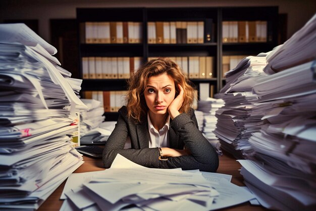 Een vrouw op haar werkplaats omringd door een ton documenten en overweldigd met werk en erg verdrietig