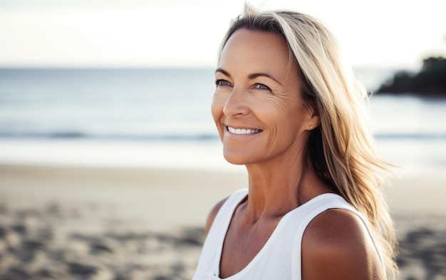 Een vrouw op het strand kijkt in de verte