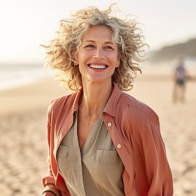 Een vrouw op het strand lacht naar de camera.