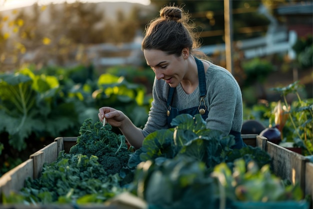 een vrouw pakt broccoli op uit een doos