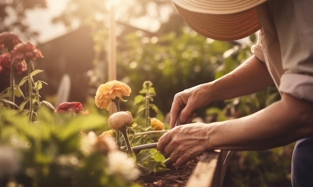 Een vrouw plant bloemen in een tuin.