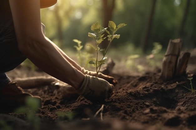 Een vrouw plant een boom in de tuin