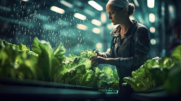 een vrouw plant sla in een indoor boerderij in de stijl van bokeh panorama