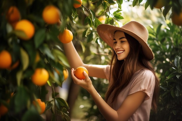 Een vrouw plukt sinaasappels van een boom