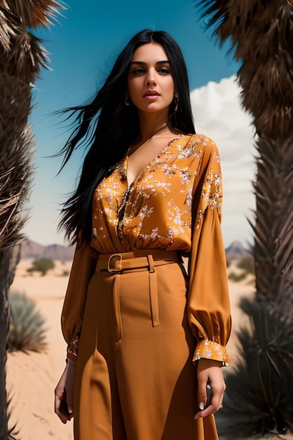 Een vrouw poseren in safari tussen bomen op zomerdag