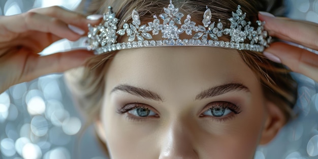 Een vrouw probeert een diamanten tiara aan en voelt zich als koninklijk.