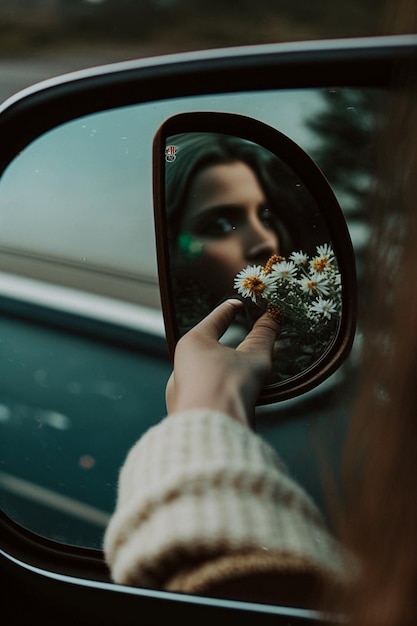 Een vrouw raakt een bos bloemen aan in een autospiegel