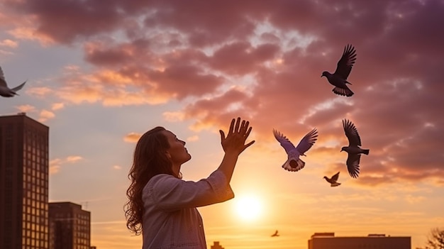 Een vrouw reikt naar een duif in de lucht