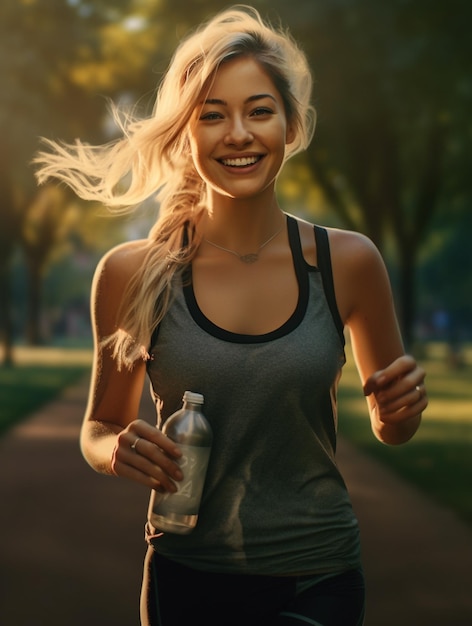 Een vrouw rent in een park met een fles water.