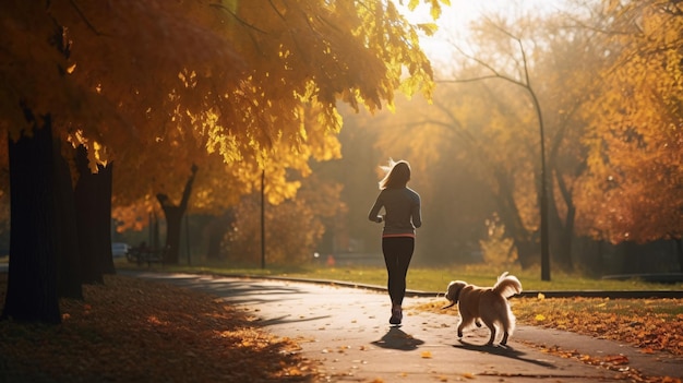 Een vrouw rent met haar hond door het park.