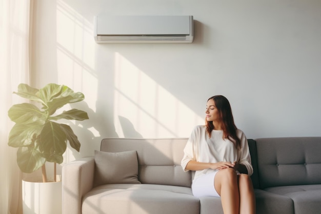 Een vrouw schakelt haar airconditioner uit terwijl een jong meisje koelt